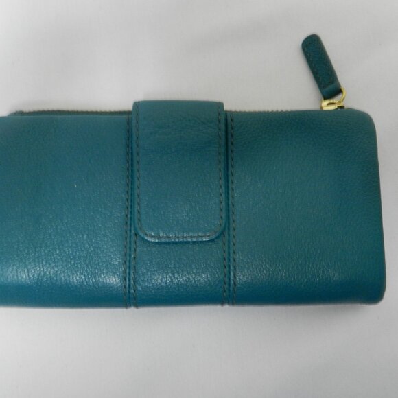 Fossil Ella Leather teal blue clutch Wallet Organizer credit cards i.d. zip pkt - Picture 7 of 11